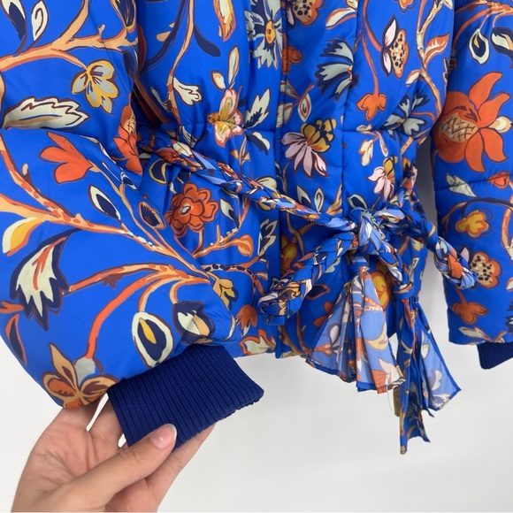 RHODE Blue Orange Floral Wrap Hooded Winter Designer Boho Puffer Coat Small NWOT - Picture 2 of 8